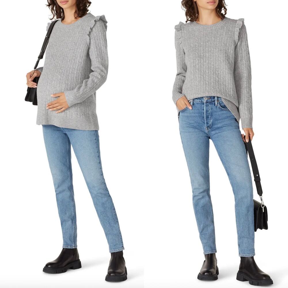 HATCH Merino Wool Ruffle Audrey Maternity SHRUNKEN Sweater In Gray Size XS - Picture 2 of 10